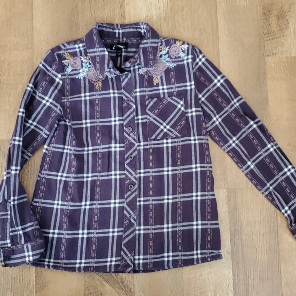 Art Class Girls Plaid Plum Flannel Embroidered Long Sleeve Buttondown Shirt